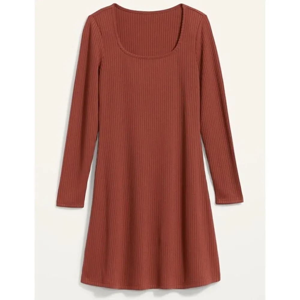 Old Navy Fit & Flare Rib-Knit Long-Sleeve Mini Dress Brown Size L Made